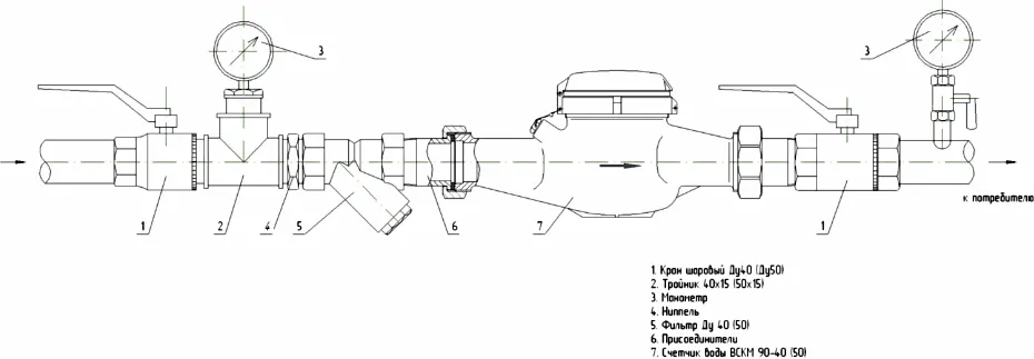 Монтажная схема счетчика воды ВСКМ 90 - 40, 50 (Декаст)