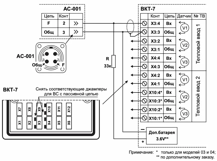 Схема подключения счетчика жидкости акустического АС-001 к тепловычислителю ВКТ-7 (Теплоком)